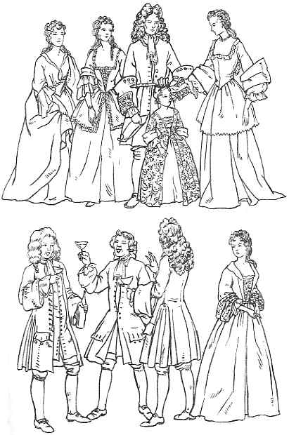A collection of line drawings depicting men and women in elaborate 18th-century european attire, showcasing the fashion styles of the era, including full-length gowns, fitted coats, and decorative elements such as lace and embroidery.