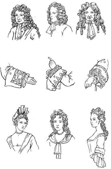 A collection of sketches depicting various 17th to 18th-century european hairstyles and fashion details, focusing on elaborate wigs for men and women, as well as intricate sleeve and cuff designs.