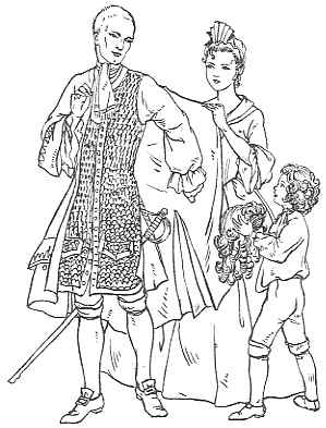An illustration of a family in historical attire, with a gentleman in a long coat and vest extending his hand outward, a lady in an elegant dress with her hair up, and a young child reaching up towards them.