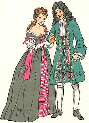 A man and a woman dressed in elegant 17th-century european attire, with the man offering his hand to the lady.