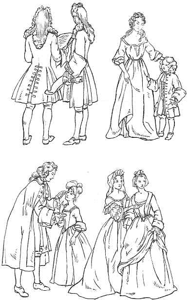 A series of sketches showcasing people from presumably the 17th or 18th century, engaged in social interactions, depicting their period clothing and hairstyles.