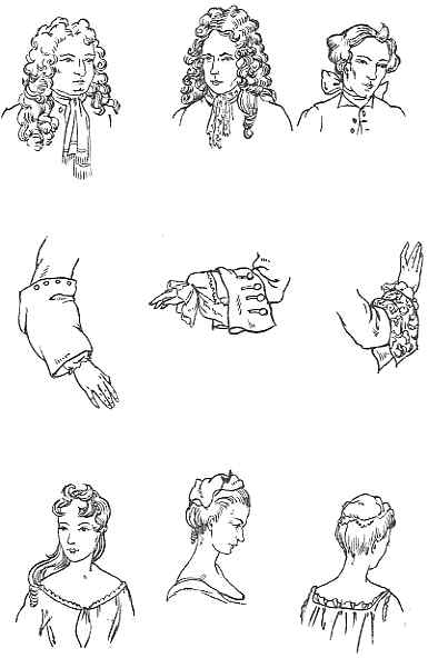 A collection of simple black-and-white line drawings depicting historical hairstyles and garments worn on the sleeve.