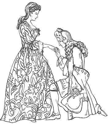A line drawing depicts a gallant scene where a man kneels before a lady, possibly asking for her favor or paying her a respectful homage. the lady, adorned in a patterned dress, stands gracefully as she extends her hand towards the man.