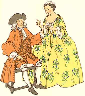 A man wearing a tricorne hat and an ornate, orange coat sits in a chair conversing with a woman dressed in a yellow, floral-patterned gown, characteristic of 18th-century european fashion.