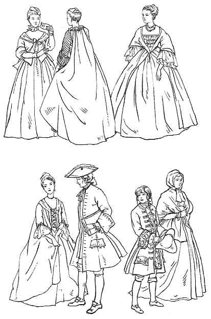 Illustration of 16th-century european fashion, showcasing elaborate dresses and noble attire for both men and women.