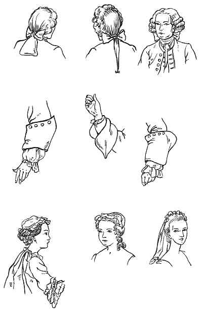 A collection of hand-drawn sketches showcasing various historical hairstyles and fashion details, such as collars and cuffs, from different periods.