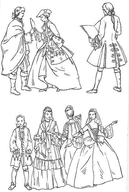 Sketches of individuals in 18th-century attire, depicting traditional european clothing styles, with details emphasizing the fashion of the era.