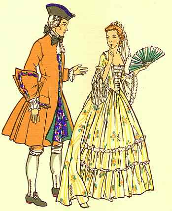 An illustration of a man and woman dressed in elaborate, historical european attire, likely representing the fashion of the 18th century with the man in a coat and breeches and the woman in a wide-hooped gown and holding a fan.