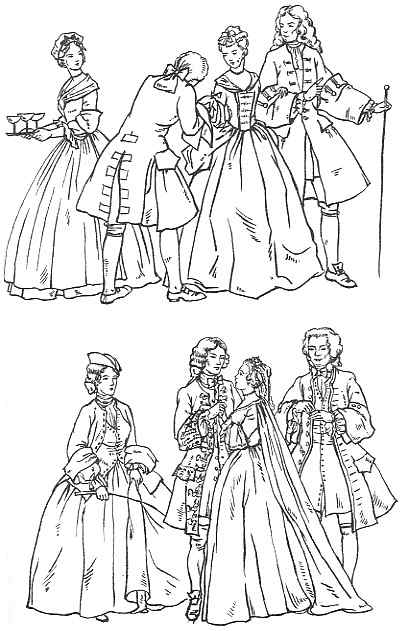 Illustration of 18th-century european fashion, showcasing elaborate dresses and suits, complete with intricate detailing and accessories.