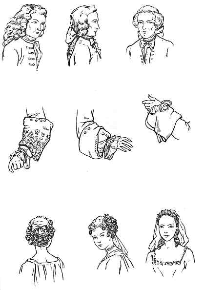 Sketches of historical hairstyles and fashion details, showcasing the diversity of attire and grooming in a bygone era.