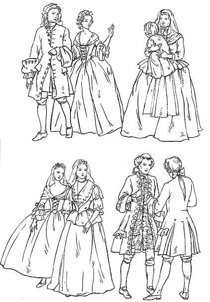 Sketches of men and women in 18th-century european attire engaging in social interactions.