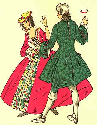 Two figures in flamboyant, historical costumes, possibly from the 18th century, with the man facing away, holding a wine glass, and the woman with her back partially turned, gesturing in a conversational manner.