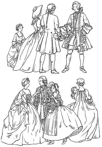 Elegant 18th-century figures in formal attire, showcasing the fashion of the time with intricate dresses and tailored coats.
