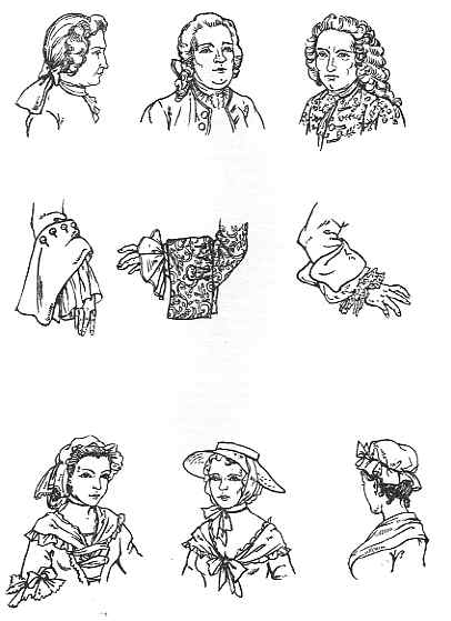 A collection of line drawings featuring a variety of historical figures and items, which may depict styles from the 17th or 18th century, including elegant attire, wigs, and distinguished accessories such as gloves.