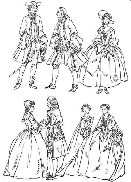 Sketches of men and women in elaborate european 17th-century fashion, showcasing the intricate designs and layered garments typical of the baroque period.