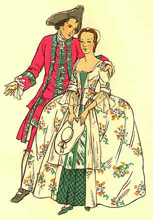 A man and a woman dressed in traditional 18th-century european attire, with the man donning an ornate coat and breeches, and the woman wearing a floral-patterned gown with wide skirts.