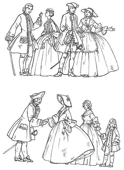 A series of line drawings depicting figures dressed in 17th or 18th-century european attire, showcasing intricate clothing styles of the period with men wearing long coats and breeches, and women in wide, bell-shaped skirts typical of the baroque or rococo era.