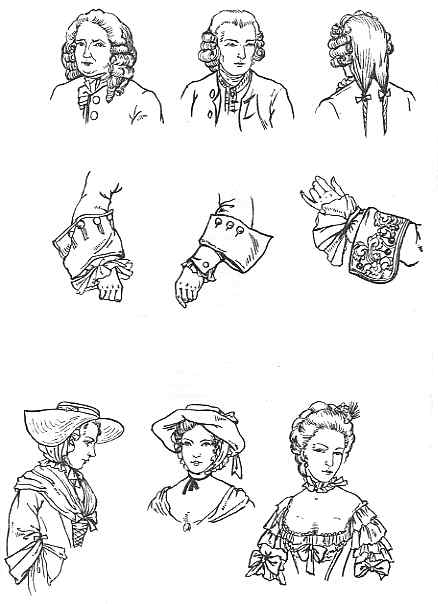Illustrations showcasing a variety of historical hairstyles, fashion accessories, and examples of period clothing details.