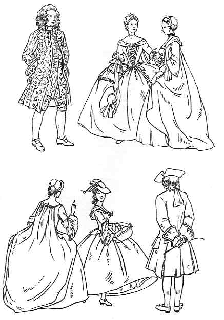 Sketches of european high society fashion from the baroque period, showcasing elaborate dresses for women and adorned attire for men.