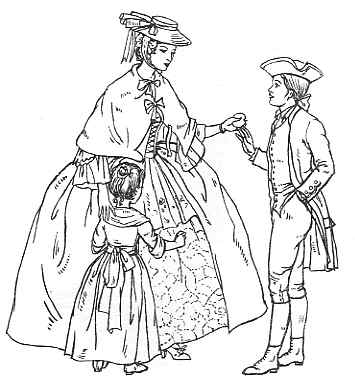 An engraving of two individuals from the 18th century, depicting a woman in an elaborate dress and a man in period attire having a conversation.
