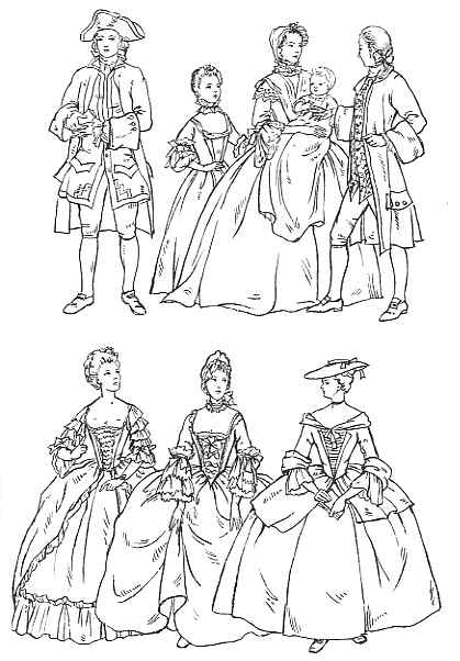 Illustration of men and women in 18th-century european attire, featuring elaborate dresses, suits with long coats, and intricate hairstyles, indicative of high social status fashion of the period.