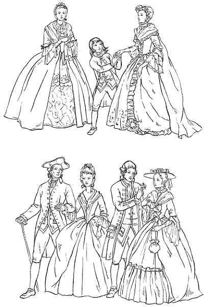 Illustration of people dressed in european fashion from the 16th or 17th century, showcasing intricate clothing details and accessories of the era.