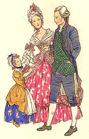 A family dressed in traditional 18th-century european attire, with a woman in a frilly pink dress and headdress, a young girl in a blue and yellow dress, and a man in a patterned waistcoat and striped trousers, stand together in a pose that suggests an elegant, bygone era.