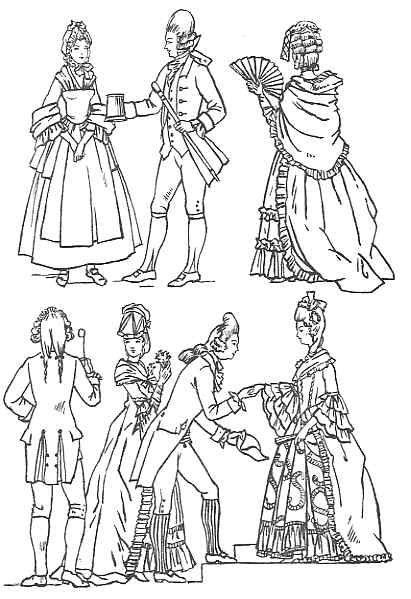 Four sketches showcasing 18th-century european fashion, with men and women depicted in period clothing engaging in polite social interactions.