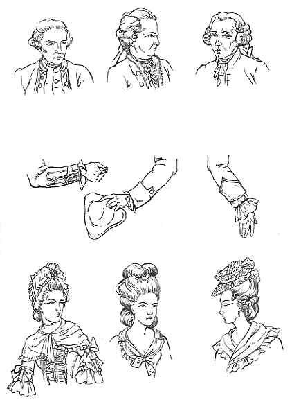 Sketches of 18th-century european fashion, showing detailed illustrations of gentlemen and ladies' headwear, hairstyles, and a focus on elegant wrist cuffs and hand gestures.