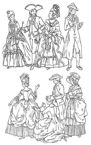 Illustration of 18th century european fashion, depicting men and women in elaborate attire, including gowns with panniers, frock coats, and tricorn hats.