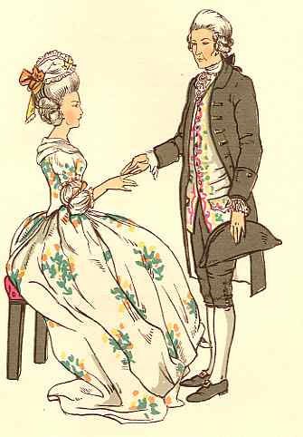 An illustration of a man and a woman in 18th-century attire, engaging in a polite and formal greeting.