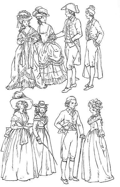 Sketches of men and women in 18th-century european attire, showcasing ornate dresses and period clothing with attention to detail on fabrics and accessories.