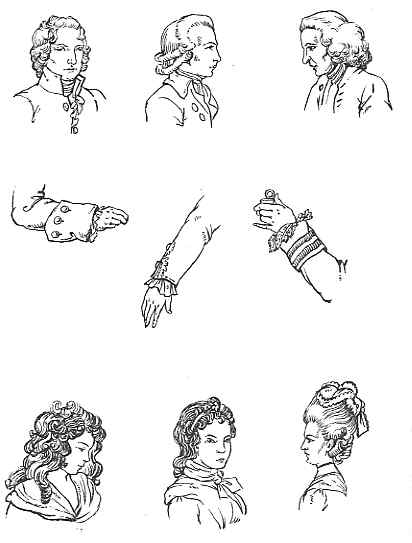 Sketches displaying various 18th-century european fashions, showcasing men's and women's hairstyles, as well as examples of hand attire with intricate cuffs and accessories.