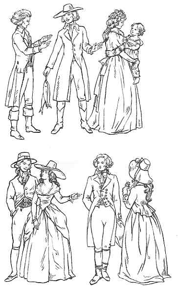 A series of line drawings depicting people in 18th-century european attire, likely illustrating different social interactions and fashion styles of that era.