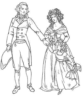 A line drawing of a family from the 18th century, featuring a gentleman in a coat and breeches holding his hat, a lady in a dress with frills and a bonnet, and a young child, also in period attire, holding onto the lady's hand.