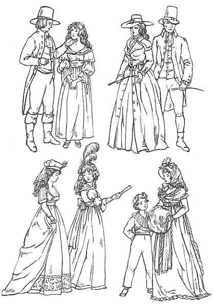 An illustration depicting various individuals in historical european attire, showcasing fashion trends from approximately the 18th century, including dresses with wide skirts, corsets, tricorne hats, and tailored coats with decorative buttons.