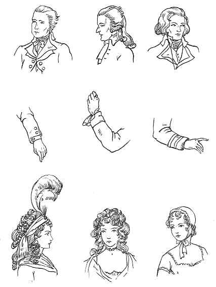 A series of vintage-style illustrations depicting various historical hairstyles and fashion details, likely from the 18th or 19th century, showcasing the intricate coiffures and elegant attire of the era.