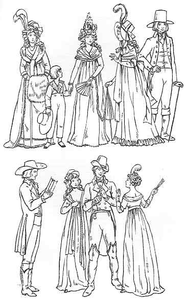 Sketches of individuals in 18th-century european attire, showcasing elaborate costumes with characteristic features such as tricorne hats, corseted gowns, and ornate walking sticks.