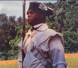 A person in historical military attire holding a musket, standing in a field.