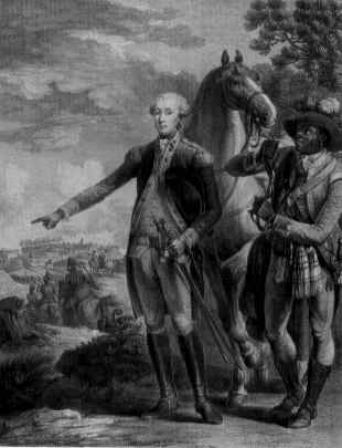 A historical engraving depicting an 18th-century military leader pointing into the distance while standing beside his horse, with an assistant or subordinate holding the reins, set against the backdrop of a pastoral landscape.