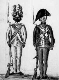 Two historical military figures in uniform, with one wearing a shako with a plume and carrying a rifle with a fixed bayonet, and the other in a bicorn hat and equipped with a saber.