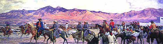 A panoramic artwork depicting a group of mounted figures in historical attire journeying across a vast landscape with rugged mountains in the backdrop, evoking a sense of an epic journey or exploration in a bygone era.