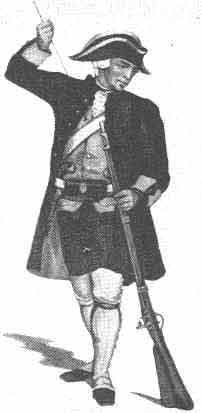 A historical illustration of a soldier from the 18th century, depicted in traditional military attire, reloading a musket.