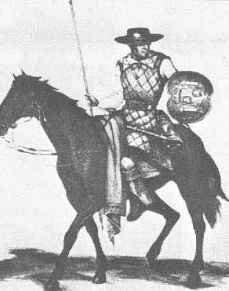 A person dressed in traditional conquistador armor riding a horse and holding a lance.