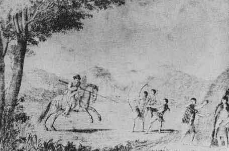 A historical sketch depicting a battle between a man on horseback and a group of Native Americans.