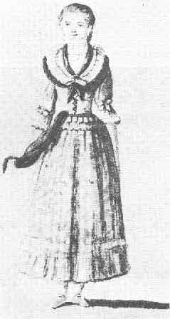 A vintage sketch of a woman dressed in traditional attire with a full skirt, apron, and shawl, exuding a sense of historical fashion.
