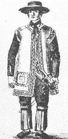 A historical illustration depicting a person wearing traditional attire, characterized by a wide-brimmed hat, a collared cape, and knee-length breeches.