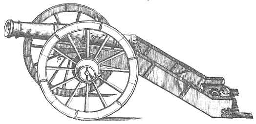 Vintage illustration of a classic cannon with large spoked wheels and a long barrel, indicative of historical artillery.