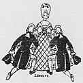 Vintage illustration showing a drawing of a central figure in checkered attire flanked by two characters in ornate coats.