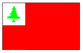 The image displays a red flag with a green pine tree in the upper left corner.